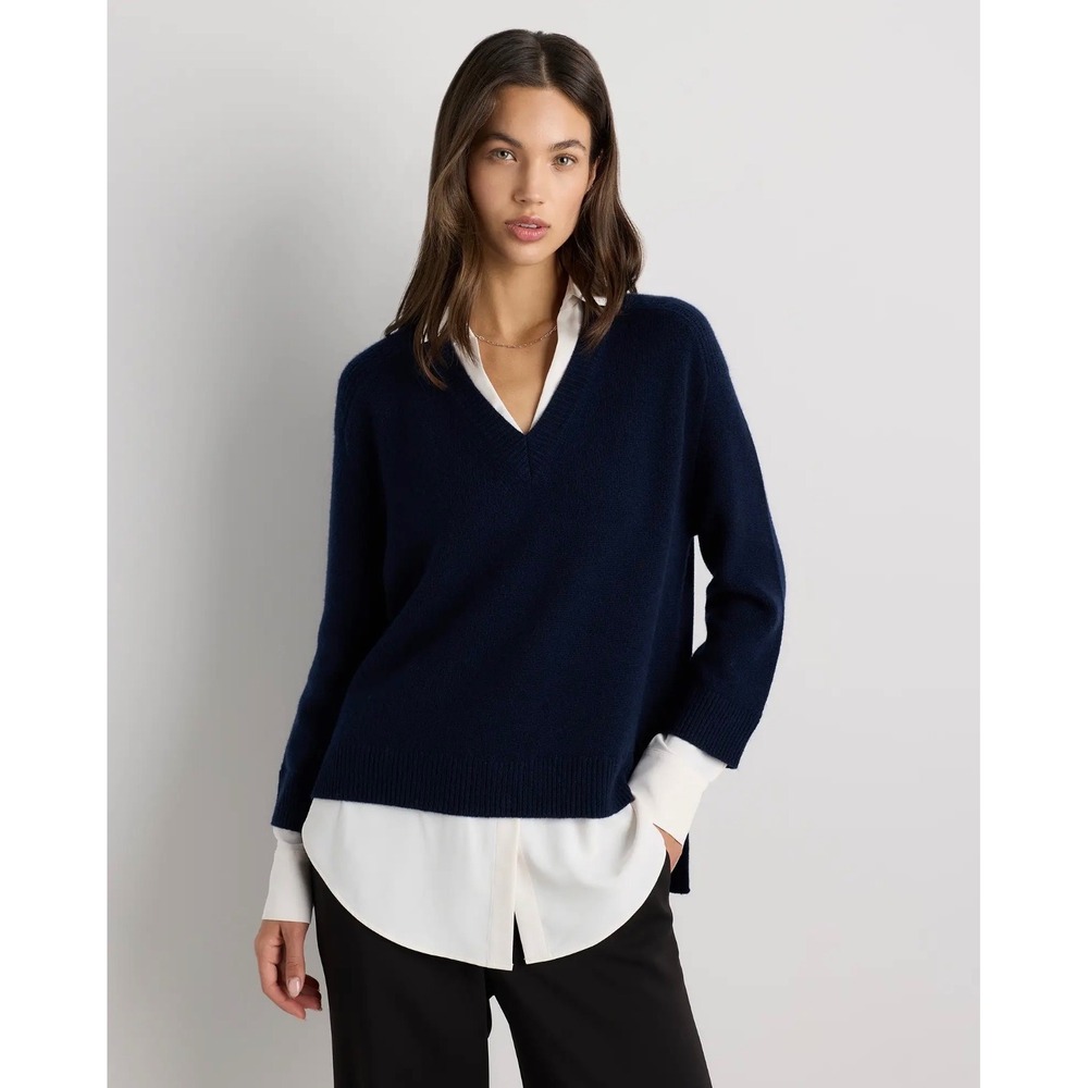Quince 100% Cashmere Mixed Media Layered V-Neck Sweater Navy XS